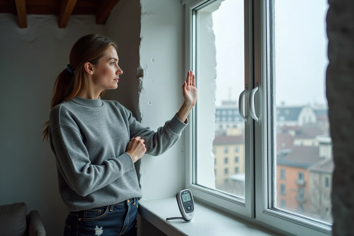 Femme vérifiant la température près d'une fenêtre mal isolée dans un appartement en dernier étage d'immeuble
