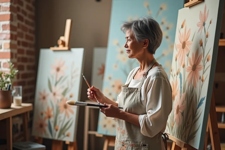 Artiste peintre femme travaillant sur une toile florale dans un atelier aux murs en briques avec une expression concentrée