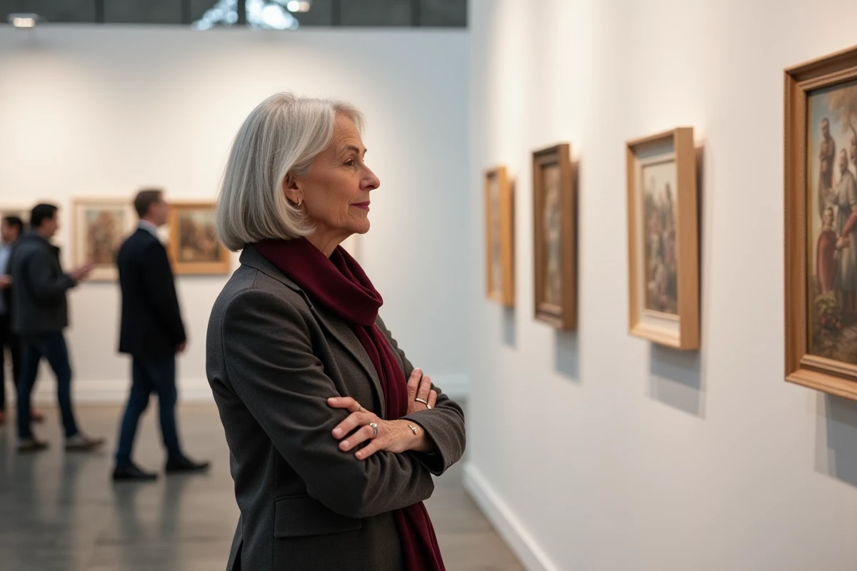 Artiste femme contemplant ses œuvres encadrées exposées dans une galerie d'art lors d'un vernissage
