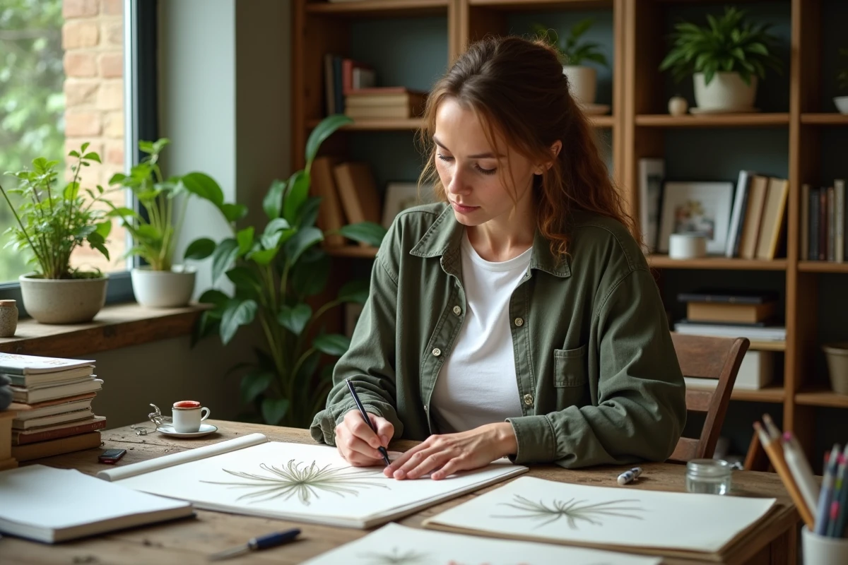 Femme artiste inspectant une illustration botanique à la aquarelle dans un atelier home studio entouré de livres d'art