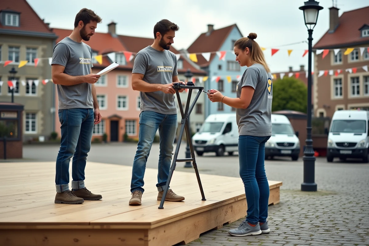 Bénévoles d'un comité des fêtes en train de préparer et d'installer une scène en bois sur une place publique pour un événement festif communautaire