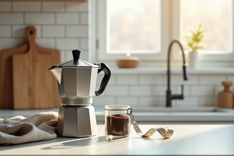 Cafetière moka posée sur un comptoir de cuisine avec une règle de mesure, symbolisant l'association entre café et perte de poids