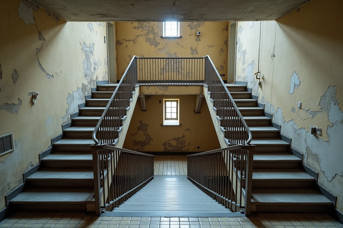 Vue en hauteur d'une cage d'escalier d'immeuble montrant les radiateurs sur chaque palier aux différents étages