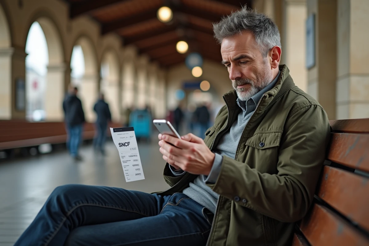 Homme consultant l'application SNCF sur smartphone pour changer le nom sur un billet de train