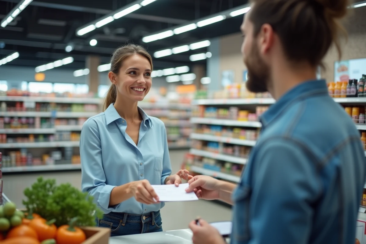 Femme remettant un chèque différé à une caissière dans un hypermarché Cora