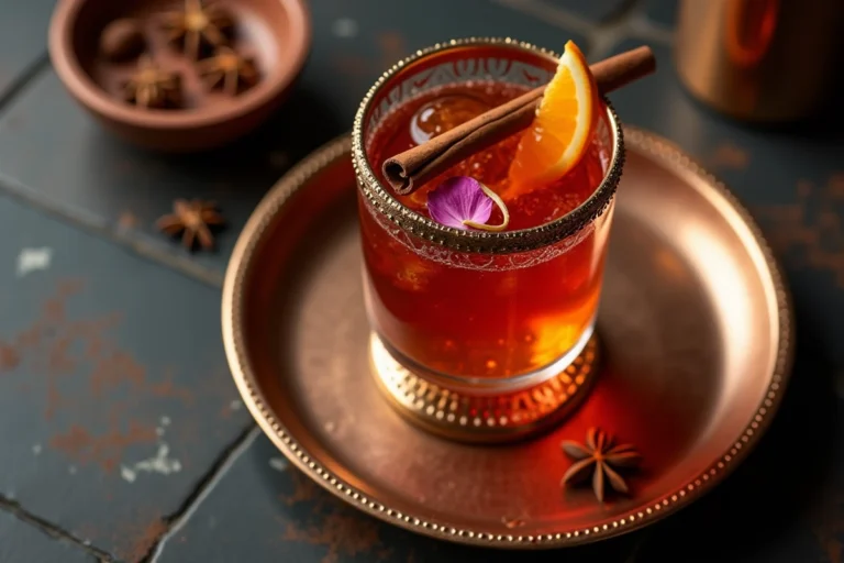 Cocktail oriental raffiné servi dans un verre marocain orné sur un plateau en cuivre martelé avec des épices comme la cannelle, la cardamome et l'anis étoilé