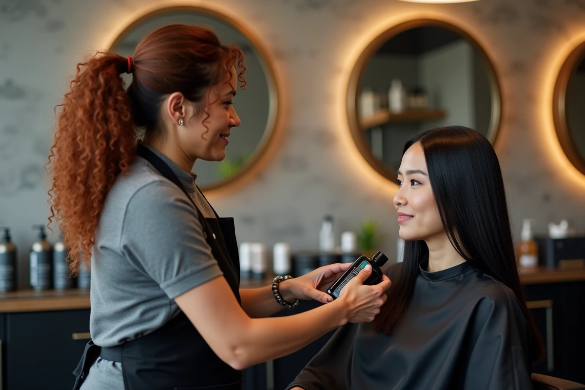 Coiffeuse conseillant un shampoing après lissage brésilien à une cliente en salon de coiffure haut de gamme