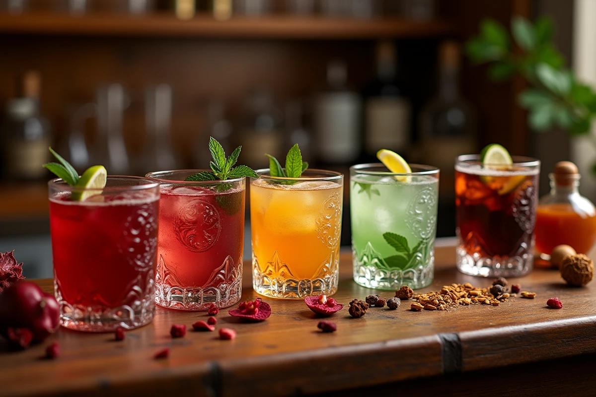 Collection de cinq cocktails orientaux aux couleurs vives dans des verres gravés traditionnels alignés sur un comptoir en bois avec des épices et fleurs séchées