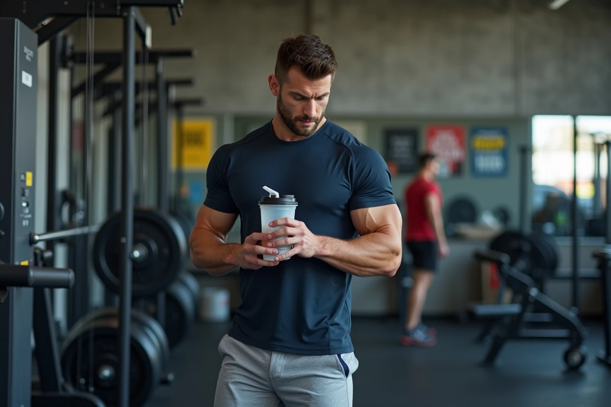 Sportif masculin en salle de sport lisant les informations nutritionnelles d'un complément alimentaire après l'entraînement