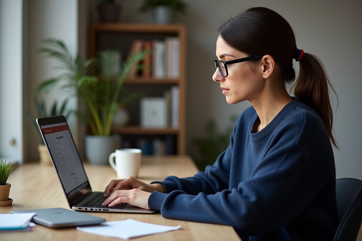 Jeune femme se connectant à un portail universitaire Arena Versailles sur son ordinateur portable à domicile