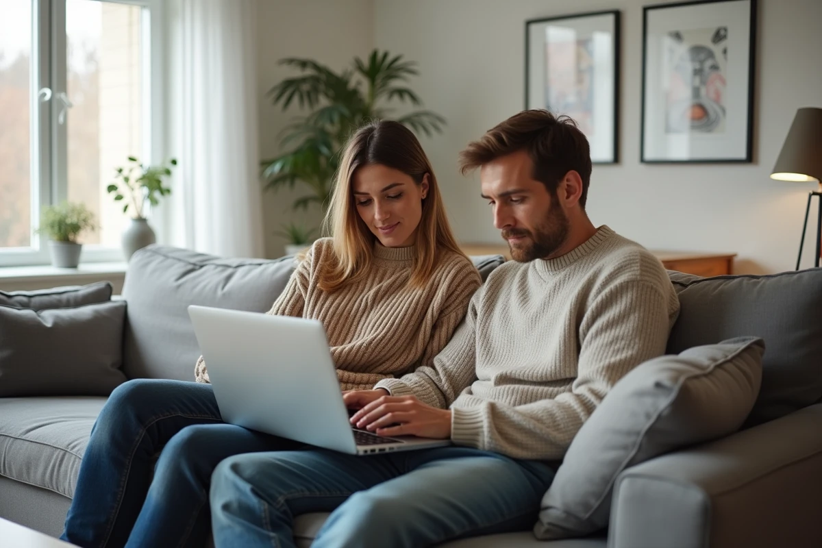 Couple consultant un site de comparaison de crédits sur un ordinateur portable dans un salon scandinave