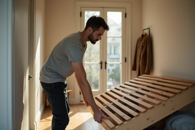 Homme déplaçant un sommier en bois dans un couloir d'appartement moderne avec méthode et facilité