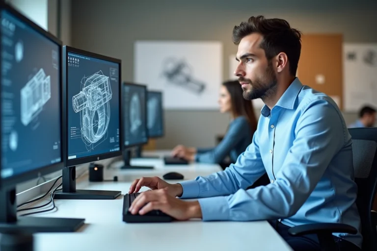 Dessinateur CAO DAO travaillant sur un logiciel de conception assistée par ordinateur dans un bureau d'ingénierie moderne