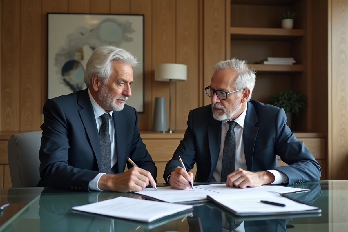 Deux hauts dirigeants du CAC 40 en discussion dans un bureau exécutif minimaliste à Paris