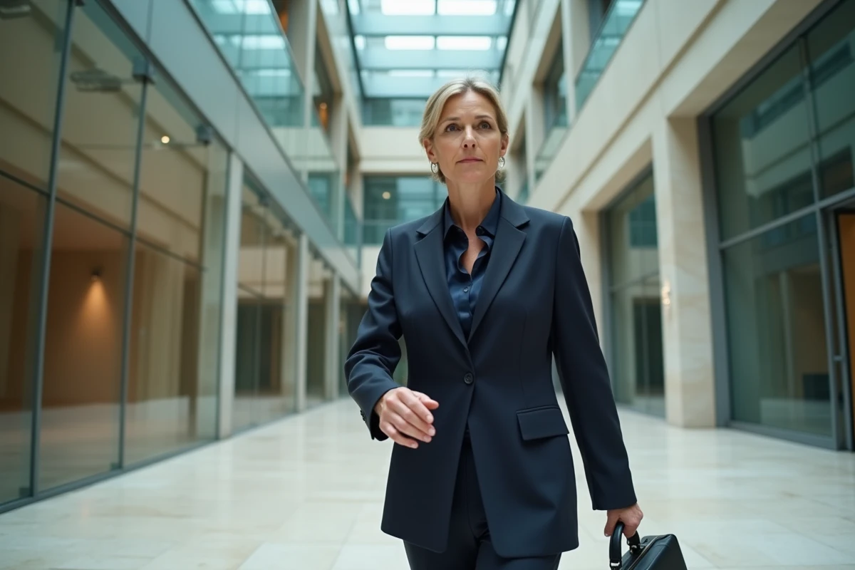 Dirigeante d'une grande entreprise du CAC 40 traversant l'atrium moderne de son siège social en France