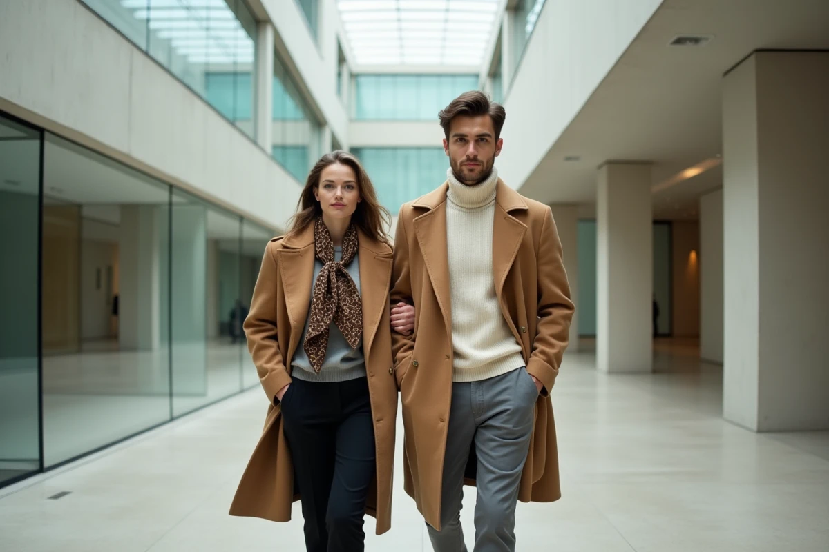 Deux amis stylés en tenues inspirées Louis Vuitton se promenant dans un musée d'art moderne, incarnant l'élégance parisienne contemporaine