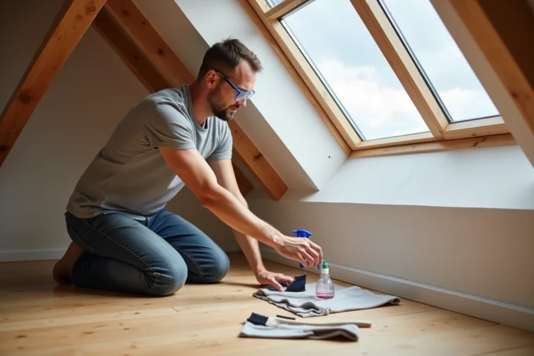 Homme utilisant un kit d'entretien Velux pour nettoyer le cadre d'une fenêtre de toit dans un grenier en bois