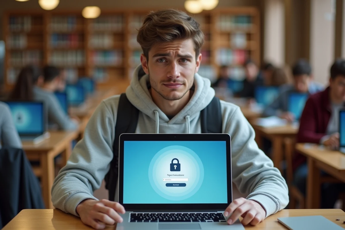 Étudiant en bibliothèque universitaire faisant face à une erreur de connexion sur le portail Arena Versailles