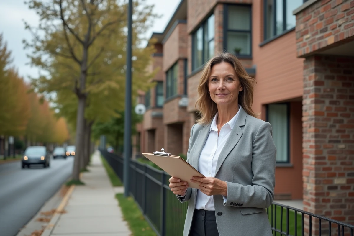 Femme évaluant un immeuble résidentiel pour un investissement immobilier sans apport initial