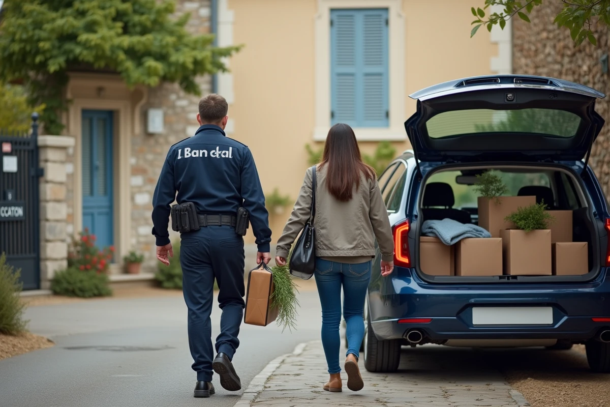 Famille de gendarme déchargeant une voiture chargée devant une maison de location lors d'une mutation en province