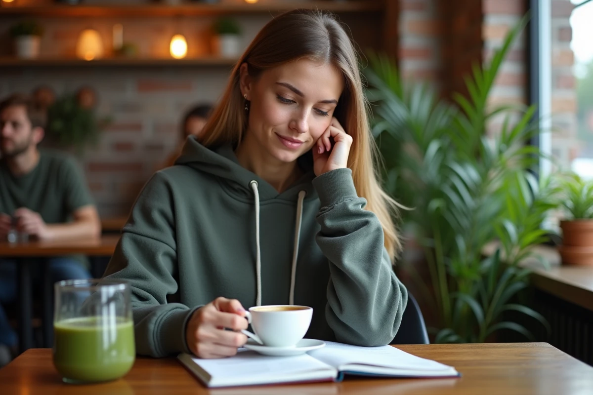 Femme tenant une tasse de café moka dans un café avec un journal nutritionnel, illustrant une routine minceur quotidienne