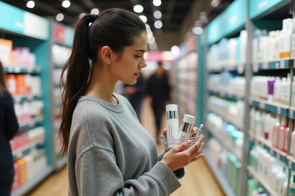Jeune femme comparant deux produits de soin dans le rayon beauté d'un grand magasin français