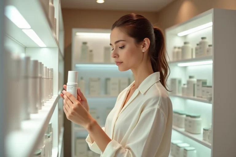 Femme en pharmacie examinant un produit de soin Typology sur un présentoir blanc épuré
