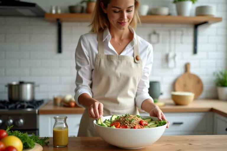 Femme préparant un bol de quinoa aux légumes frais et avocat pour un repas léger et équilibré