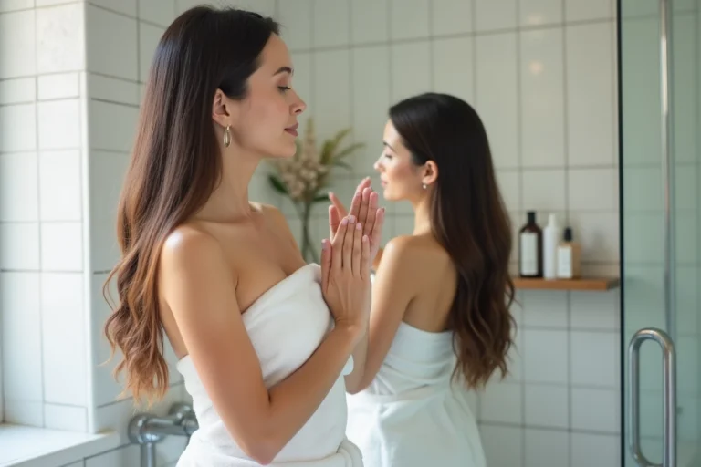 Femme aux cheveux lisses après lissage brésilien appliquant un shampoing doux dans une salle de bain moderne