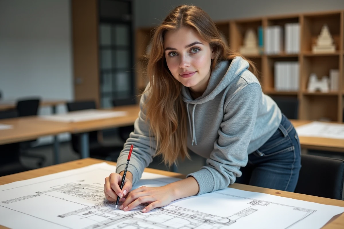 Étudiante en formation dessinateur DAO travaillant sur un plan technique à la table à dessin dans un centre de formation professionnel