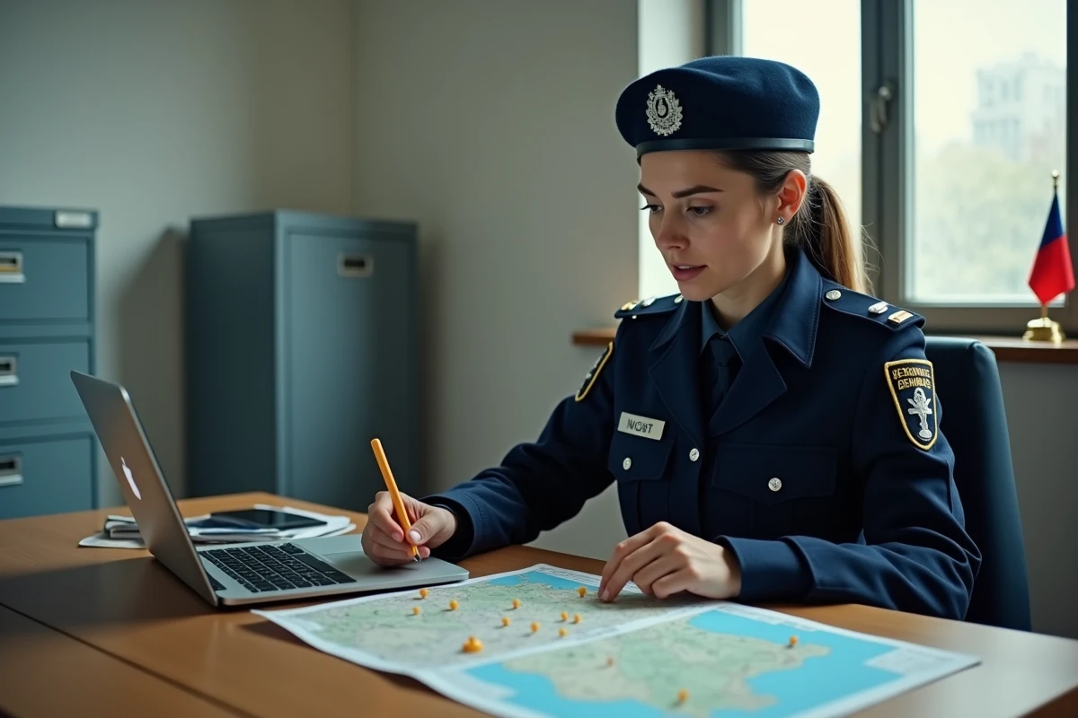 Femme gendarme étudiant des documents administratifs liés à sa mutation sur un bureau avec une carte de France