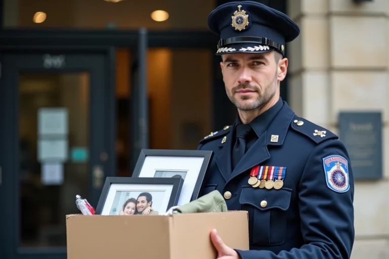 Gendarme en uniforme tenant un carton de déménagement devant une gendarmerie, illustrant une mutation professionnelle