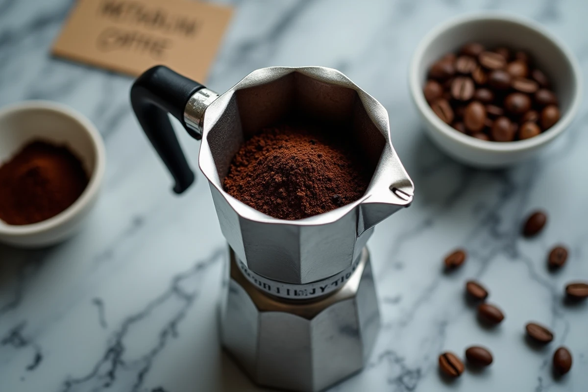 Gros plan d'une cafetière moka en inox ouverte avec du café moulu et des notes sur le métabolisme, pour illustrer un test produit minceur