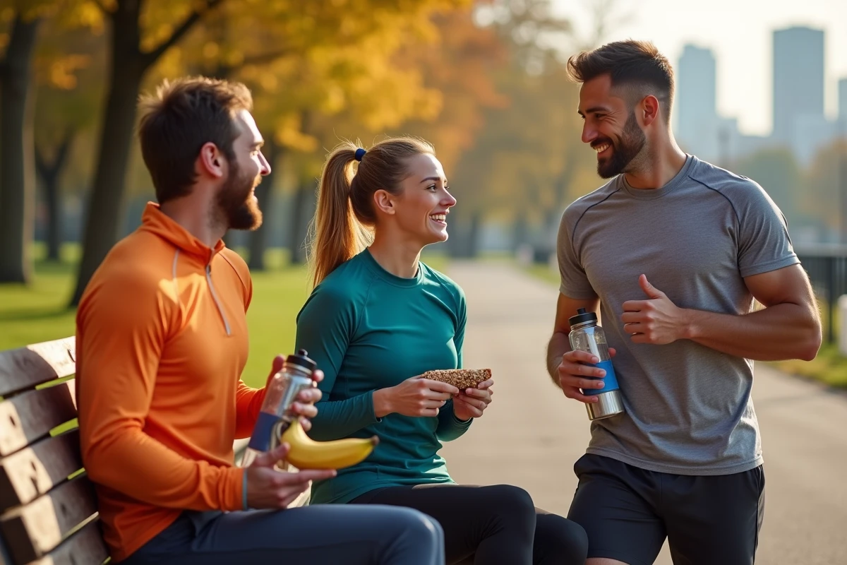 Groupe de coureurs en plein air partageant des collations nutritives et des boissons énergisantes après un entraînement dans un parc urbain
