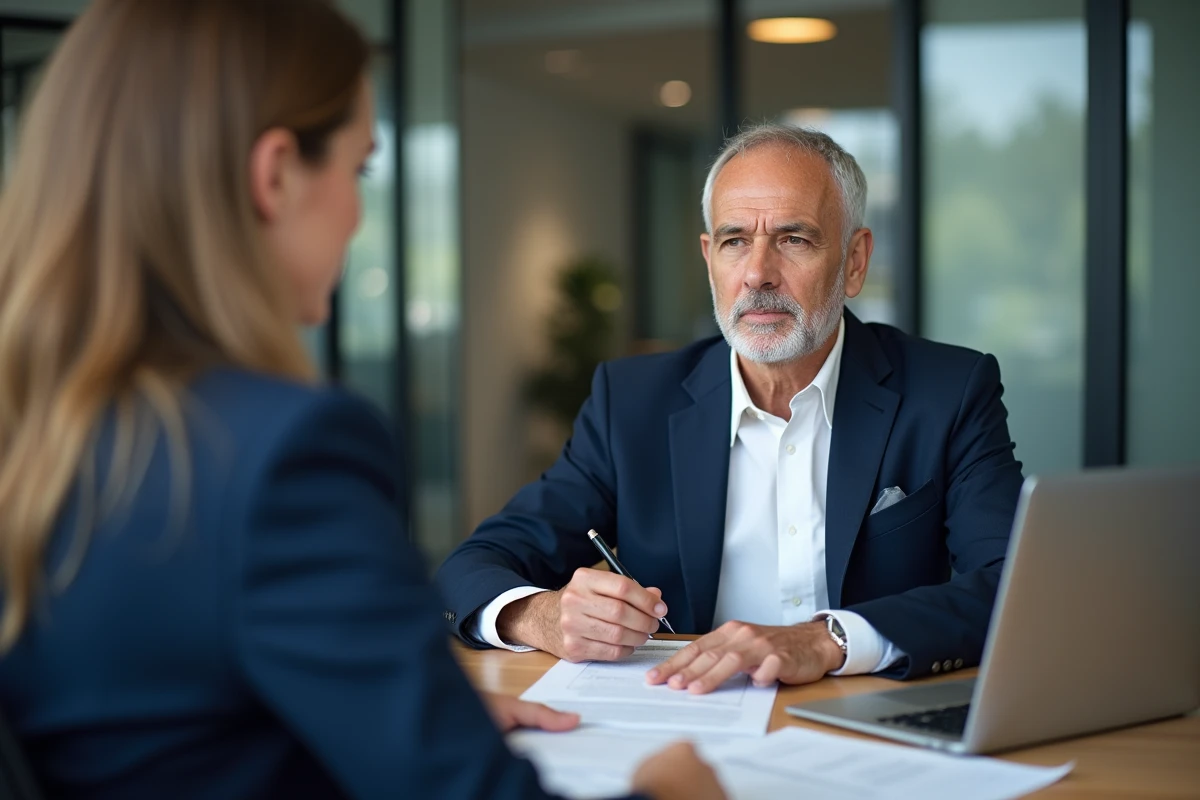 Homme signant un contrat de crédit avec un conseiller bancaire dans un bureau professionnel