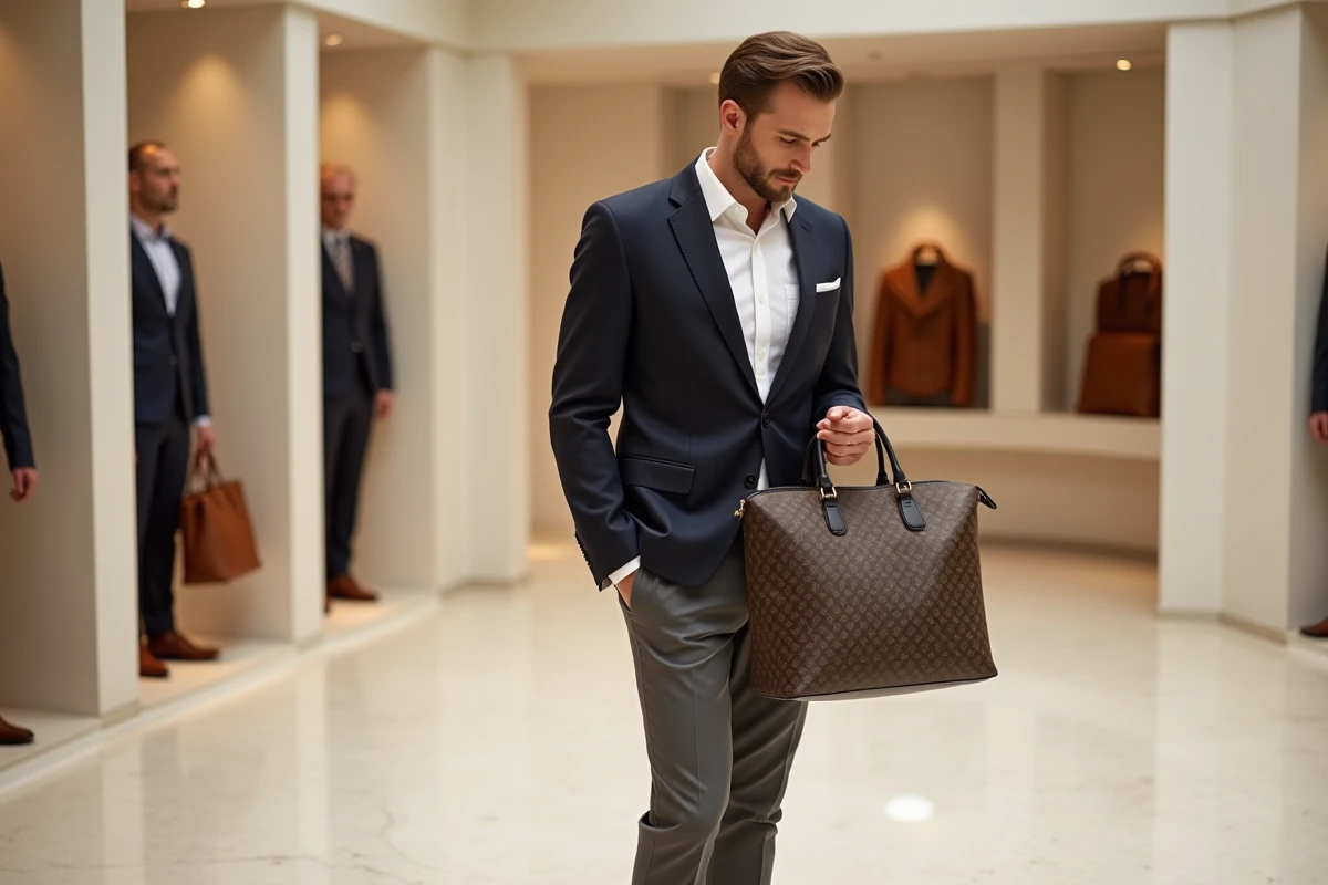 Homme élégant en blazer marine inspectant un sac monogramme Louis Vuitton dans une boutique de luxe minimaliste