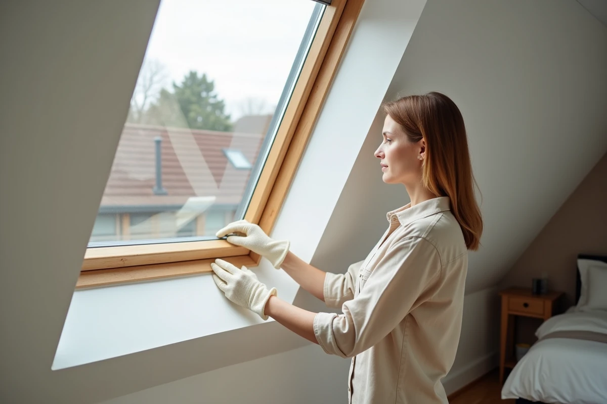 Femme inspectant le joint d'étanchéité d'une fenêtre Velux avec des gants dans une chambre mansardée moderne