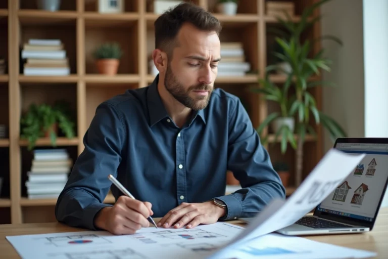 Homme analysant des documents immobiliers sur un bureau en bois pour investir sans apport en 2024
