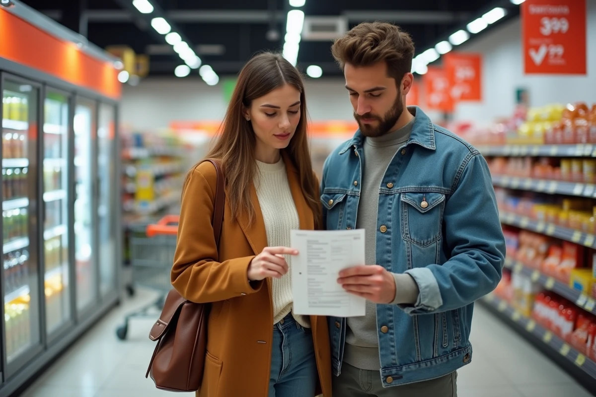 Couple de nouveaux clients Cora consultant un chèque différé dans le magasin