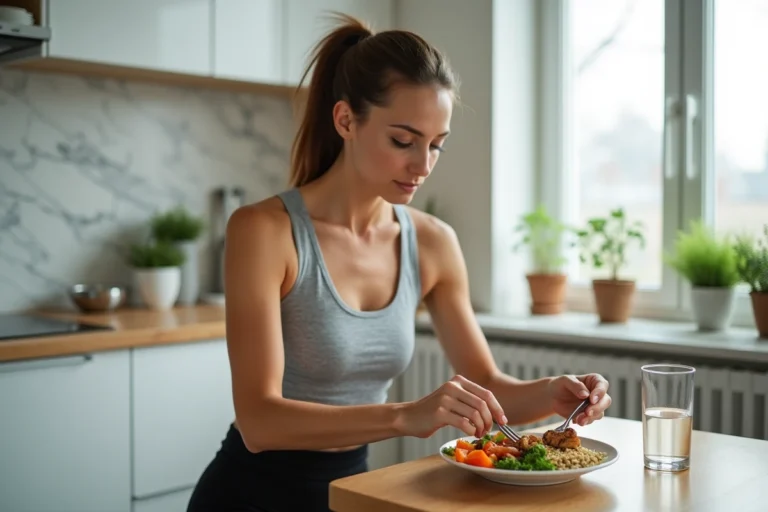 Femme sportive préparant un repas équilibré avec poulet grillé, quinoa et légumes colorés dans une cuisine moderne