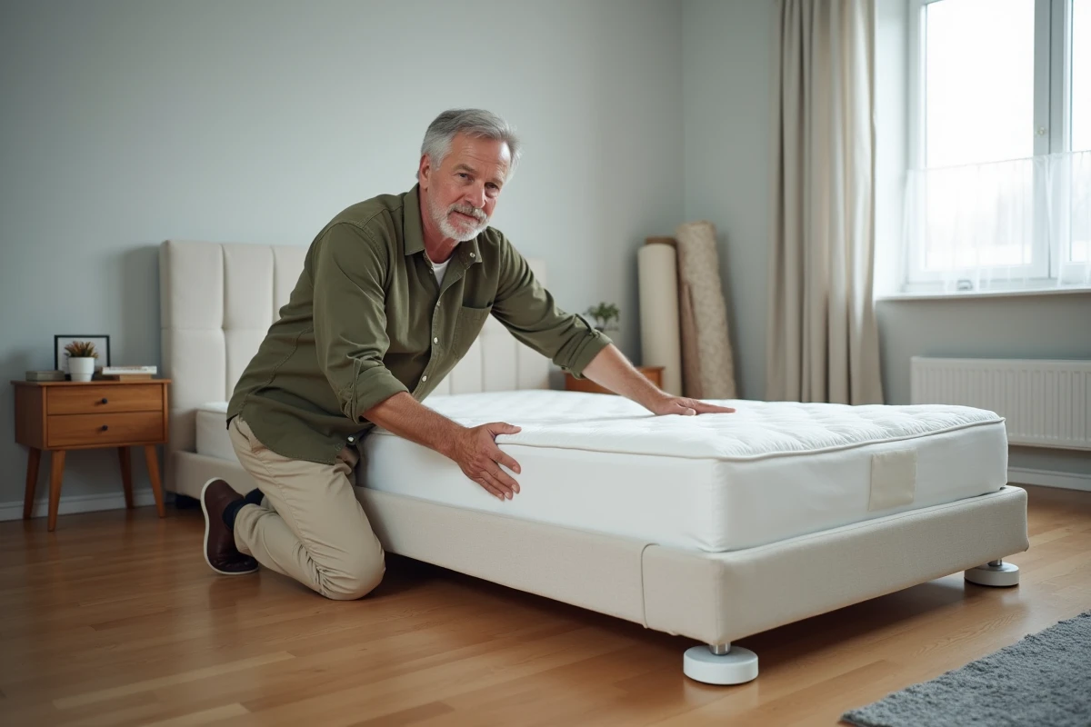 Homme utilisant des patins de déménagement pour glisser un sommier sur le parquet d'une chambre