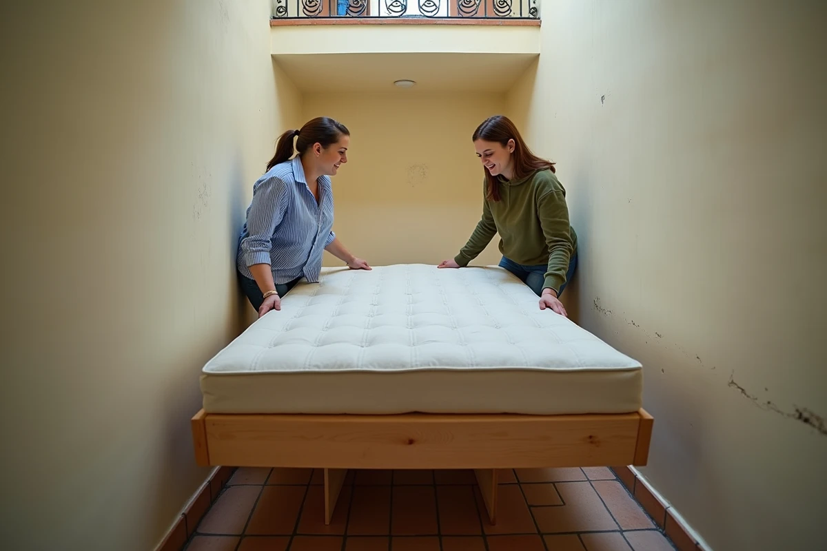 Deux femmes portant un sommier tapissé dans un escalier résidentiel en coopération