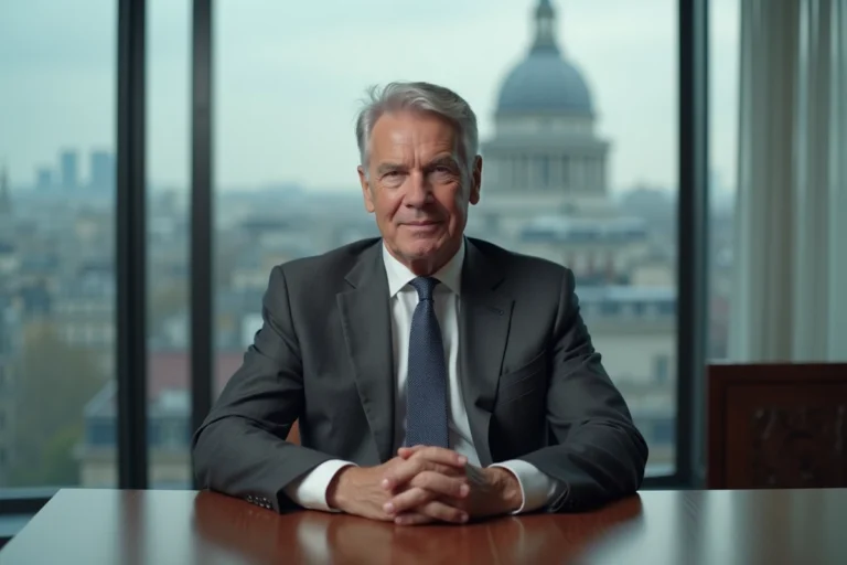Portrait d'un PDG du CAC 40 en costume gris anthracite dans une salle de conseil moderne à Paris