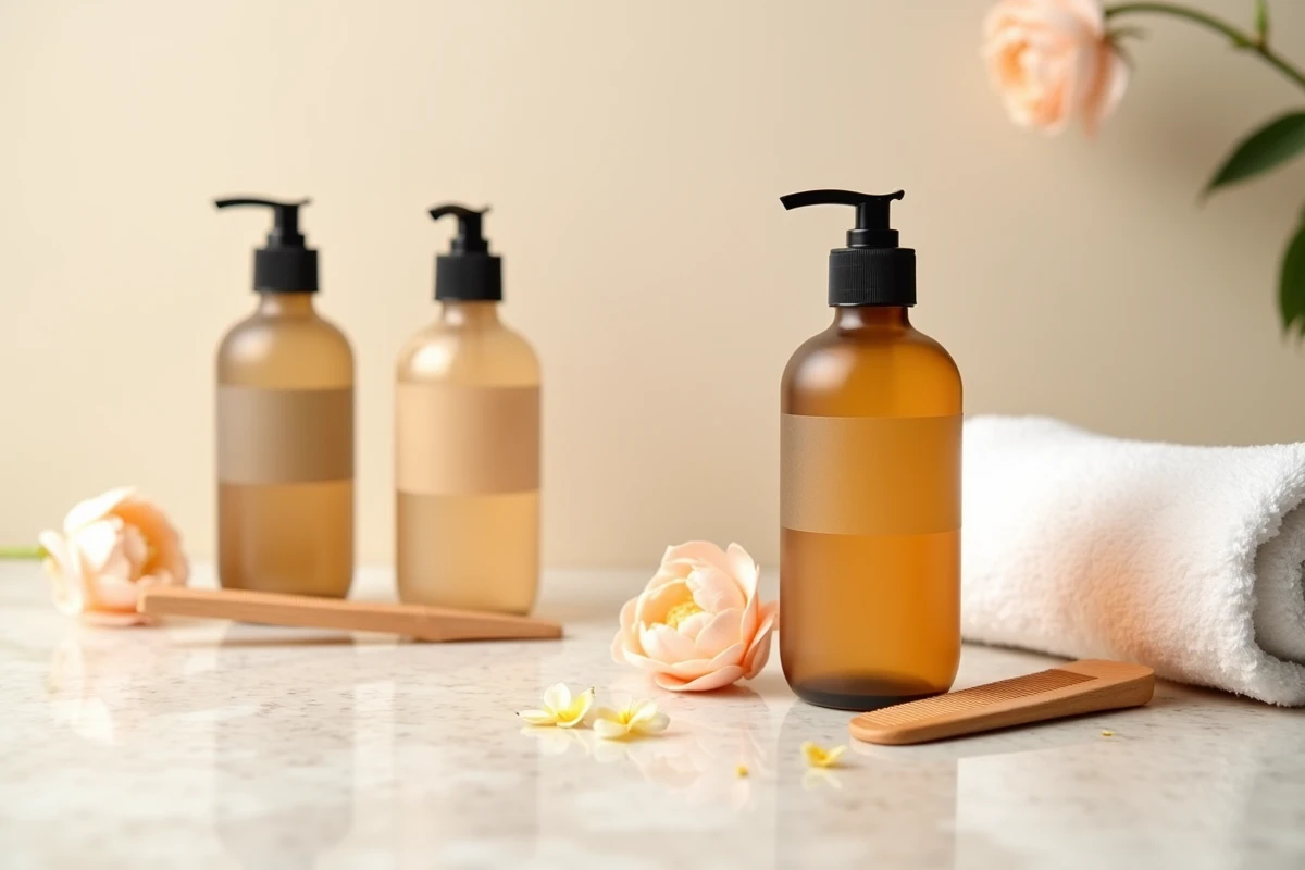 Flacons de shampoing pour cheveux lissés posés sur un comptoir en terrazzo avec accessoires capillaires