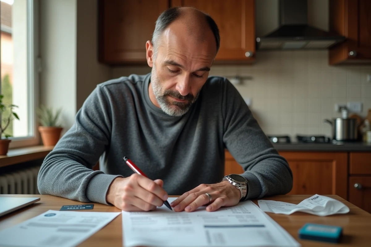 Homme remplissant un chèque différé à domicile avec ses documents Cora