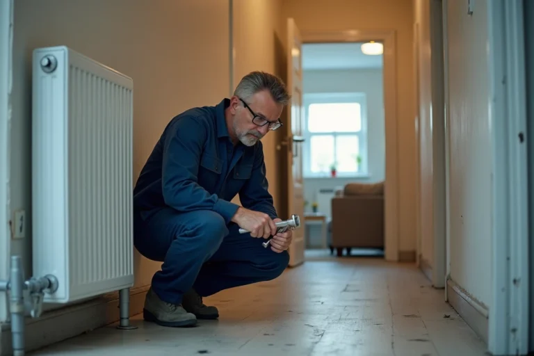 Technicien ajustant un robinet thermostatique sur un radiateur au rez-de-chaussée d'un immeuble résidentiel