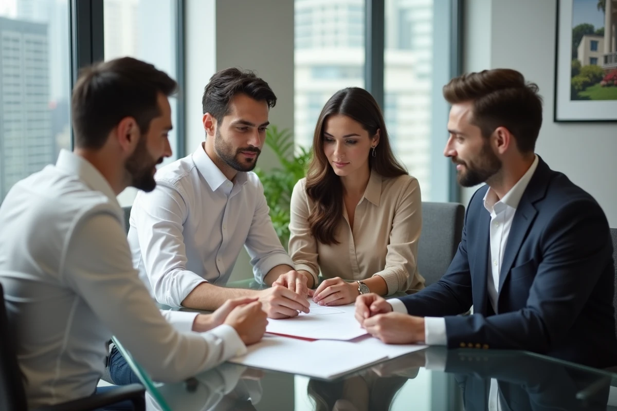 Couple et conseiller immobilier signant un contrat pour investir dans l'immobilier sans apport en 2024